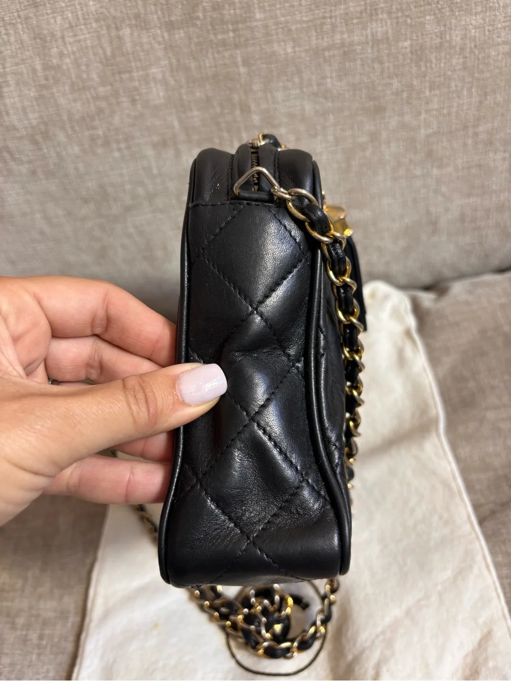 Authentic CHANEL vintage black lambskin tassel camera bag